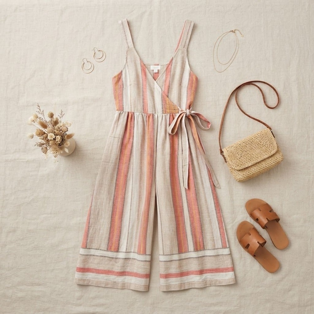 BP Stripe Linen Jumpsuit Women M Orange Pink Sleeveless Wide Leg Boho Summer